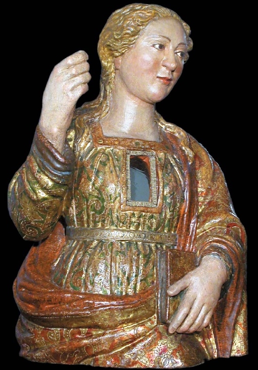 Mezzo busto scolpito policromato e dorato XVII secolo da Palazzo Di Napoli in Palermo. Restaurato nel 1999 Museo Diocesano PA